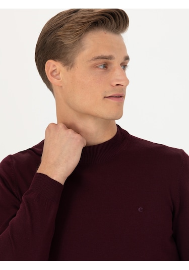 Cacharel Koyu Bordo Slim Fit Çeyrek Balıkçı Yaka Triko Kazak