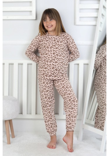 Minik Uyku Avcısı - Vahşi Rahatlık Serisi Leopar Desenli Kız Çocuk Pijama Takımı Kahverengi