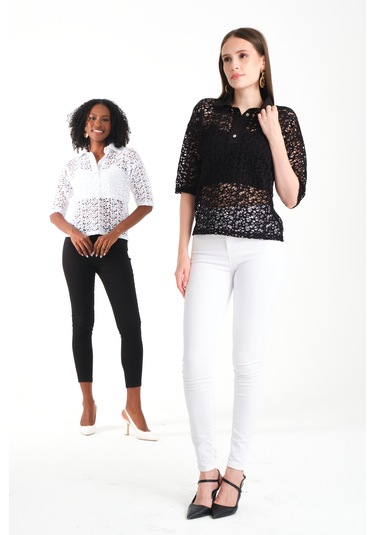 Polo Yaka Dantel Gömlek Beyaz