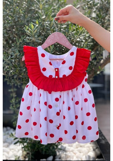 Kırmızı Fırfır Ve Benekli Beyaz Pamuklu Yazlık Elbise 001