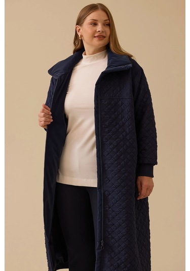 Galaxi Kadın Büyük Beden Kapitone Fermuarlı Pardesü 4002 Lacivert Lacivert