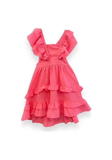 Kız Çocuk Askılı Dokuma Sırtı Açık Elbise-13744 Neon Pembe