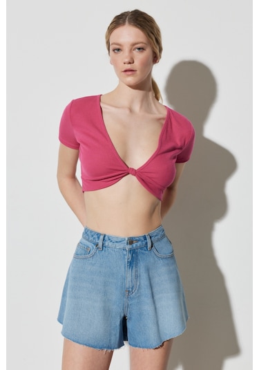 Regular Fit Normal Kesim V Yaka Pembe Crop Bluz Pembe