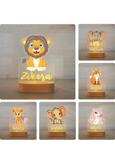 Kişiye Özel Çocuklar İçin Hayvan Gece Lambası İsimli Akrilik Lamba 1 Çok Renkli