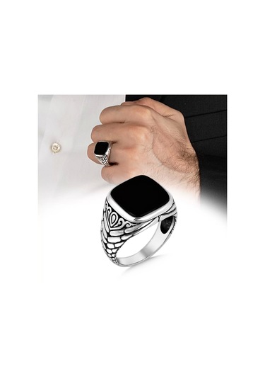 İpek Silver 925 Ayar Gümüş Dikdörtgen Siyah Oniks Taşlı Sade Erkek Yüzük