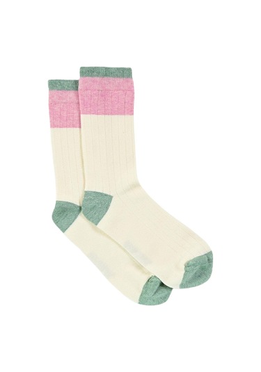 Kadın Krem-pembe Blok Desenli Soket Çorap Krem