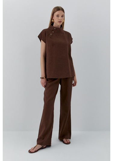 Düğme Detaylı Keten Takım Kahverengi Kahverengi