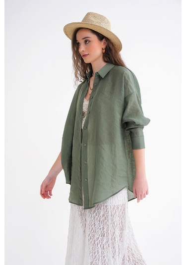 4667 Kadın İnce Oversize Modal Gömlek Haki Haki