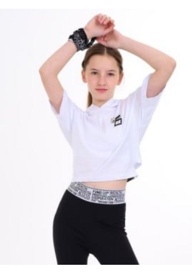 Kız Çocuk Pamuklu Geniş Kesim Kapüşonlu T-shirt-14243 Beyaz