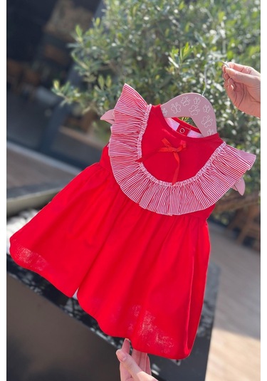 Çizgili Fırfırlı Kız Çocuk Bebek Kırmızı Kolsuz Pamuk Elbise 001