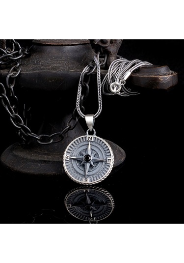 925 Ayar Gümüş Yön Pusulası Model Zirkon Taşlı Kolye