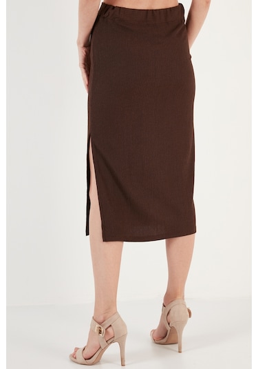 Lela Yüksek Bel Yırtmaçlı Dar Kesim Midi Bayan Etek 5865600 Kahve