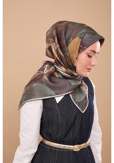 Silk Home Twill İpek Eşarp 11480-61 Petrol Yeşili, Krem, Yeşil, Koyu Vizon