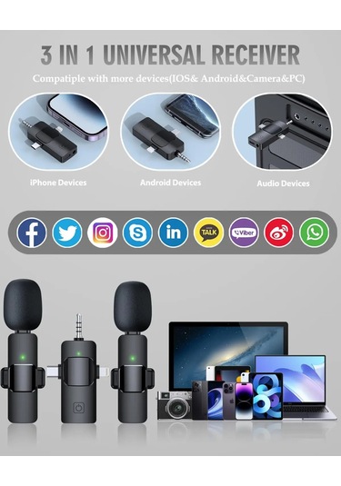 İphone Uyumlu Android İçin 3'ü 1 Arada Kablosuz Mikrofon Kablosuz Yaka
