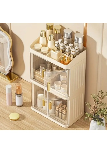 Willowhaven Cream Transparent 3 Katlı Büyük Kapasiteli Katlanır Makyaj Organizatörü Krem + Şeffaf