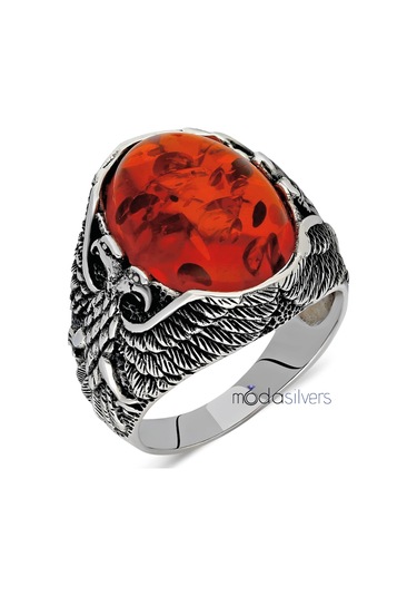 Baltık Kehribar Taşlı Çift Başlı Kartal Desenli Gümüş Erkek Yüzük