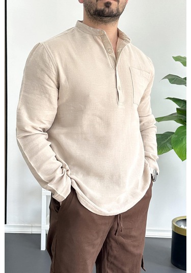 Erkek Hakim Yaka Yarım Patlı Cepli Gömlek Bej Edw361 Bej