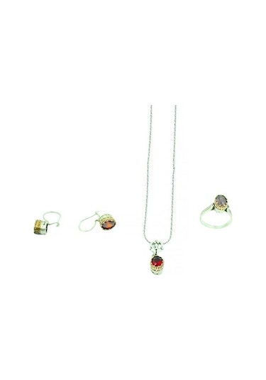 Yakut Taşlı Oksitli Otantik Gümüş Kadın Üçlü Set Yüzük Küpe Kolye