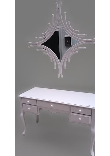 Dresuar Makyaj Masa 5 Çekmece Cnc Ayna Kayın Aslan Ayak Parlak Beyaz Lake El Yapımı Beyaz