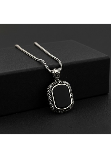 925 Ayar Gümüş Sarmaşık Desenli Oniks Taşlı Kolye Gümüş