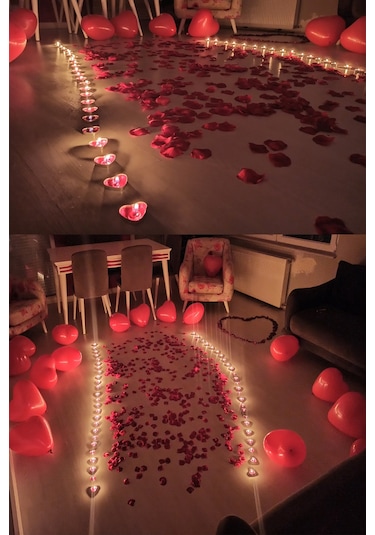 50 Kalp Mum, 25 Kalp Balon, 500 Gül Yaprağı, 300 Kuru Gül, 1 Balo