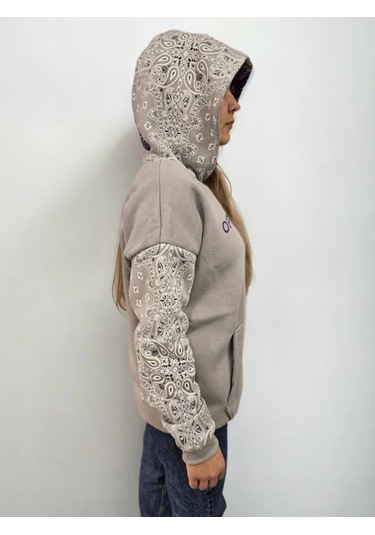 Kadın Baskılı Kapüşonlu Sweatshirt - Gri Çok Renkli