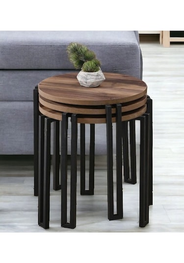 Fbt Üçlü Sehpa Servis Sehpasi Ceviz Mdf Lam Kaplama Tabla Siyah Metal Ayak Siyah