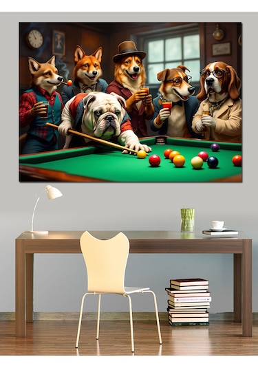 Bilardo Masasında Köpekler Dekoratif Kanvas - Mdf Ahşap Tablo
