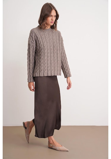 6973 Kadın Saç Örgülü Regular Basic Triko Kazak Toprak Toprak