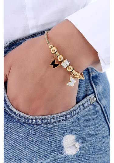Kadın Taşlı Kelebek  Çelik Bileklik Altın Kaplama Gold