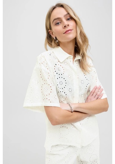 Jjxx Kadın Jxmıllıe Rahat Kesim Dantel Detaylı Kısa Kollu %100 Pamuk Gömlek 12270924 Ekru Ekru