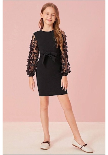 Belden Bağlamalı Tül Detaylı Çocuk Elbise Mykids Collection Siyah