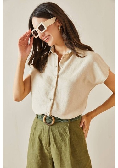 Kadın Keten Kumaş Kısa Kollu Gömlek Karışık Çok Renkli