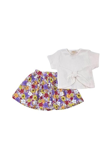 Çiçek Desenli Kız Çocuk Etekli Takım Krem