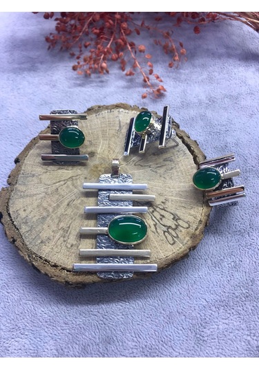Nsa Gümüş Yeşil Akik Taşlı 925 Ayar Doğal El İşi Gümüş Set