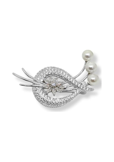 Oya Silver Taşlı İnci Gümüş Çiçek Broş 2.5x4 Cm Oya-cl833