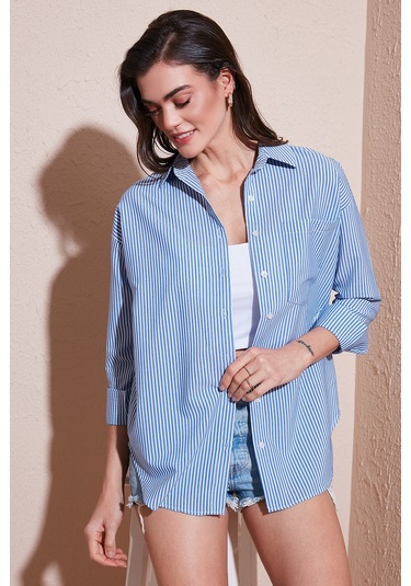 Lela Regular Fit Uzun Kollu Cepli Çizgili Bayan Gömlek 6772895 Indigo