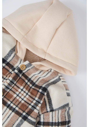 DeFacto Erkek Bebek Kapüşonlu Kareli Flanel Uzun Kollu Gömlek D5271A524WNER105 Ekru