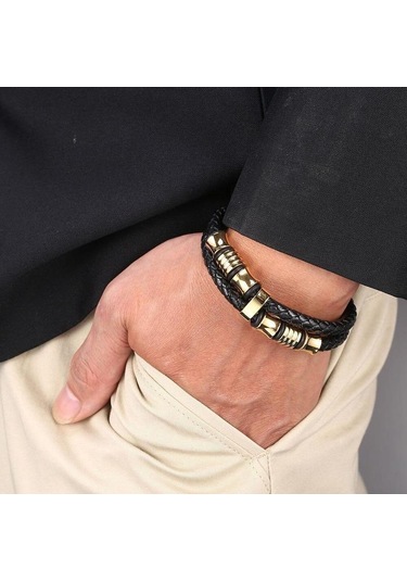 Düzensiz Desen Şekli Erkek Modası Paslanmaz Çelik Deri Bileklik Yakışıklı Erkekler İçin Klasik Doğum Günü Hediyesi Siyah