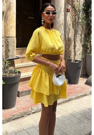 Crop Bluz Ve Kat Kat Etekli Takım 10207 Altın