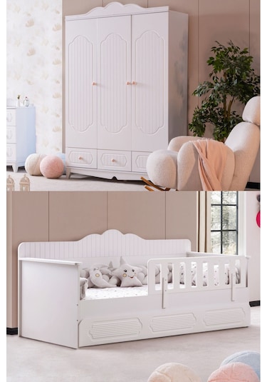 Flower Çocuk Odası Takımı, Flower Yavrulu Karyola, 3 Kapaklı Dolap - Beyaz Renkli