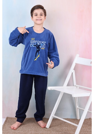 Yeni Sezon Sonbahar/kış Erkek Çocuk Skate Desenli Polar Pijama Takımı 4515 Mavi