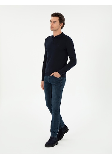 Cacharel Lacivert Slim Fit Yün Karışımlı Polo Yaka Basic Triko Kazak
