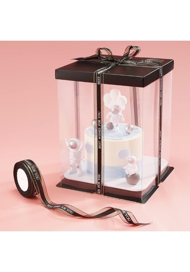 Bloomnest 5 Parça 8-9 İnç Kurdeleli Şeffaf Pasta Kutusu, 6-7 İnç Pasta Ambalajı, Nakliye İçin Siyah