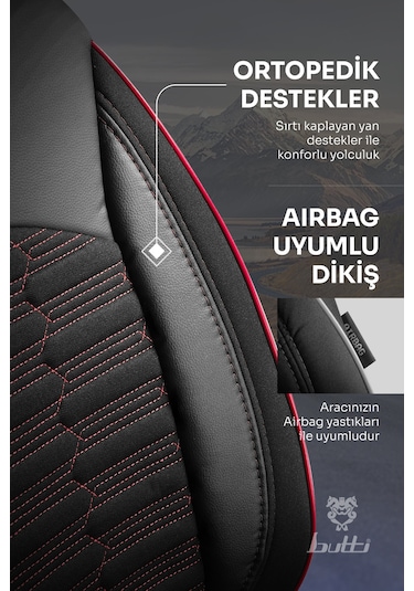 Siyah - Kırmızı Butti Libro Serisi Keten Kumaş Premium Oto Koltuk Kılıfı Destekli, Ön Arka Tam Set