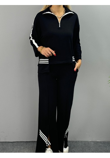 The İstanbul Kadın Polo Yaka Paça Yırtmaçlı Ribanalı İkili Takım Siyah