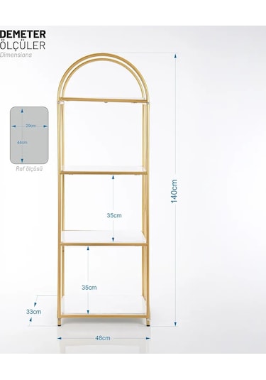 Demeter Gold Metal 4 Katlı Dekoratif Raf Gold