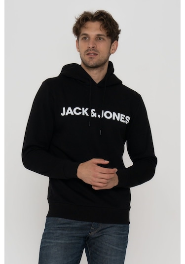 Jack & Jones Erkek Logo Baskili Kapüsonlu Sweatshirt - Deldrick 12193083 Black Siyah