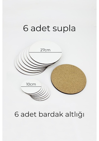 Ahşap Supla Levha + Bardak Altlığı 12 Parça 3 Mm Ham Mdf Yuvarlak Servis Takımı Çok Renkli