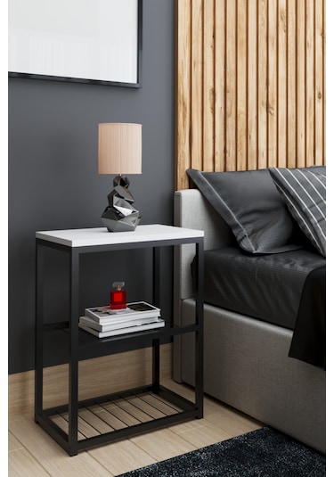 Metal Ayaklı Dekoratif Tel Raflı Komodin Beyaz Beyaz